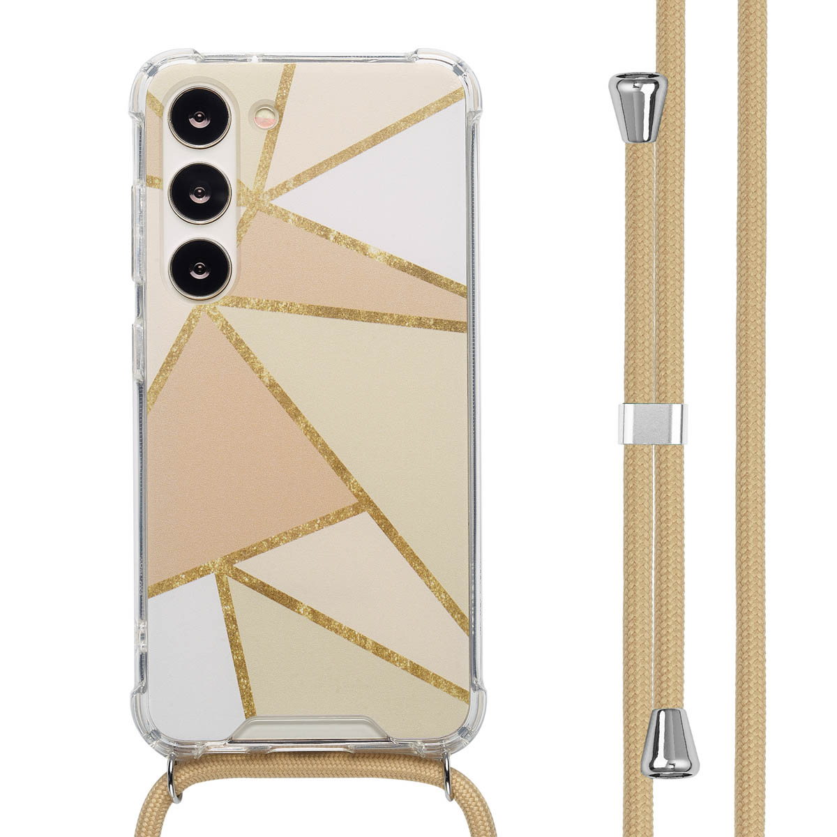 Telefoon met transparante hoes en beige geometrisch patroon. Beige lanyard met metalen uiteinden.