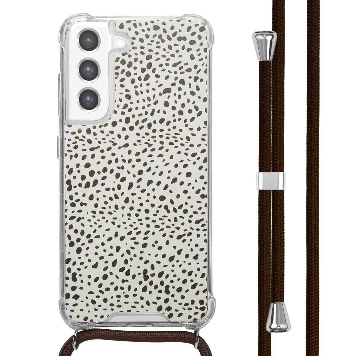 Transparante telefoonhoes met zwarte stippen, bruin koord en zilveren accenten.