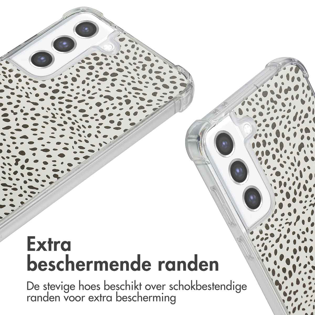 Transparante telefoonhoesjes met stippen. Tekst: Extra beschermende randen.