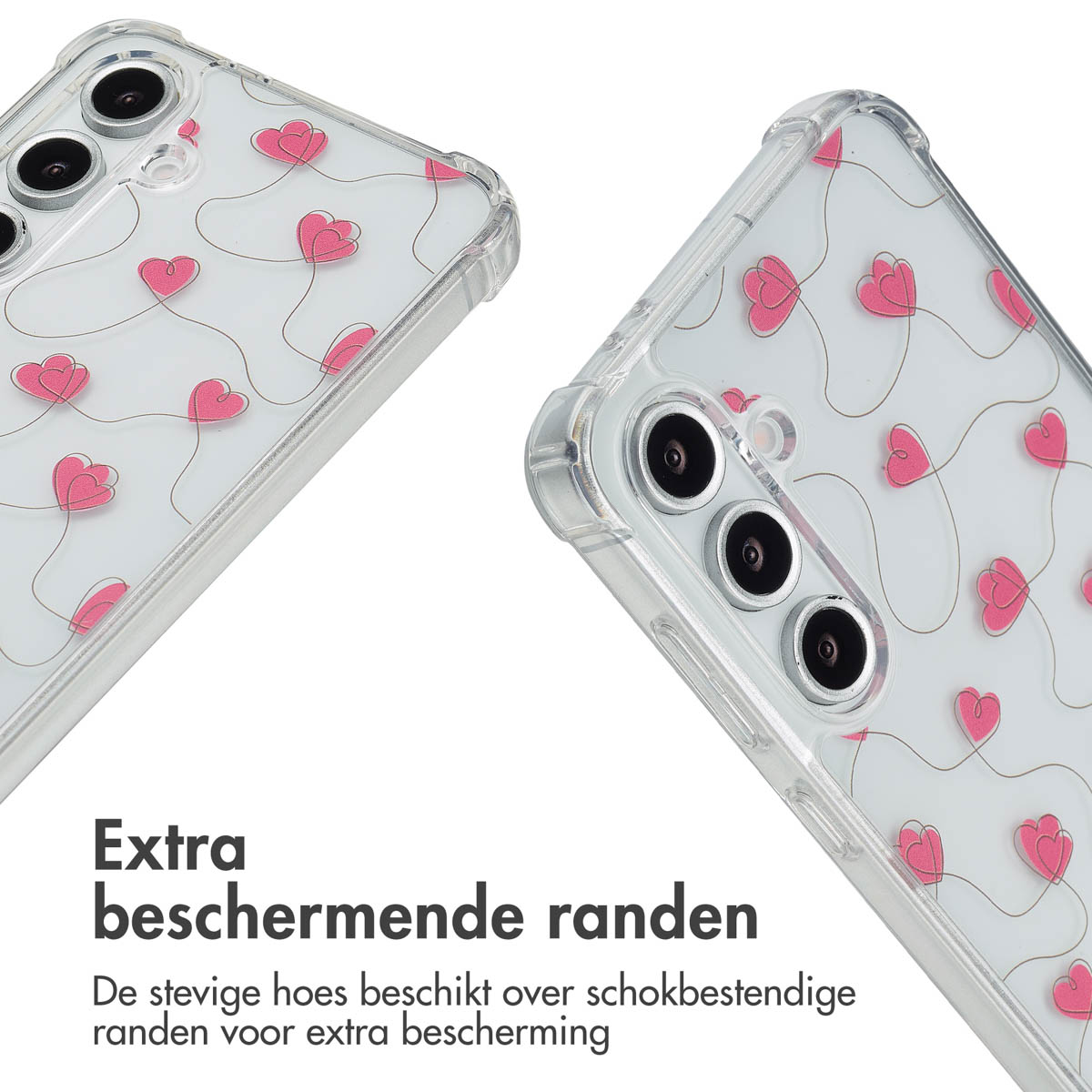 Coques de téléphone transparentes avec coeurs roses sur blanc. Texte : Extra beschermende randen.