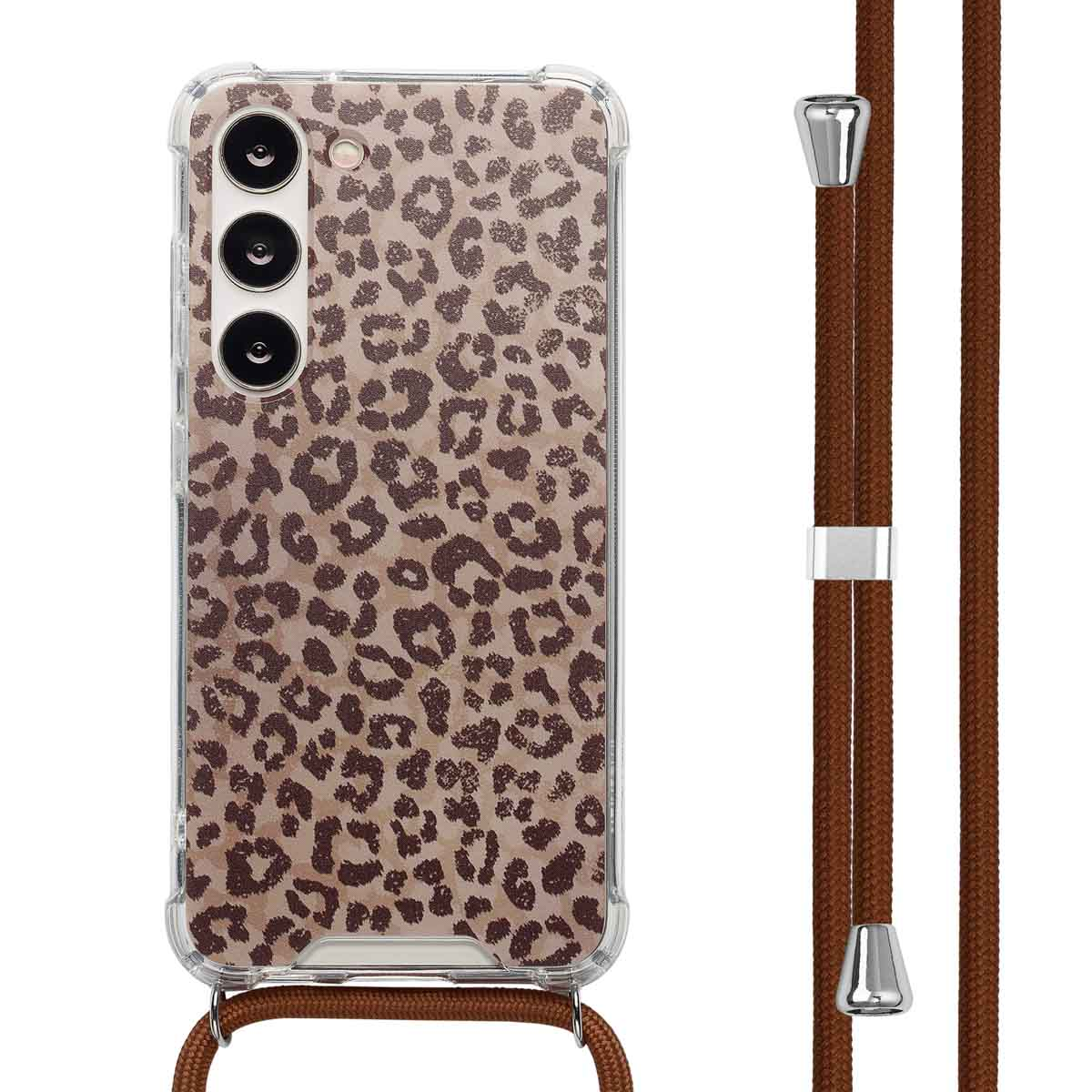 Telefoonhoesje met luipaardprint, bruin telefoonriempje.