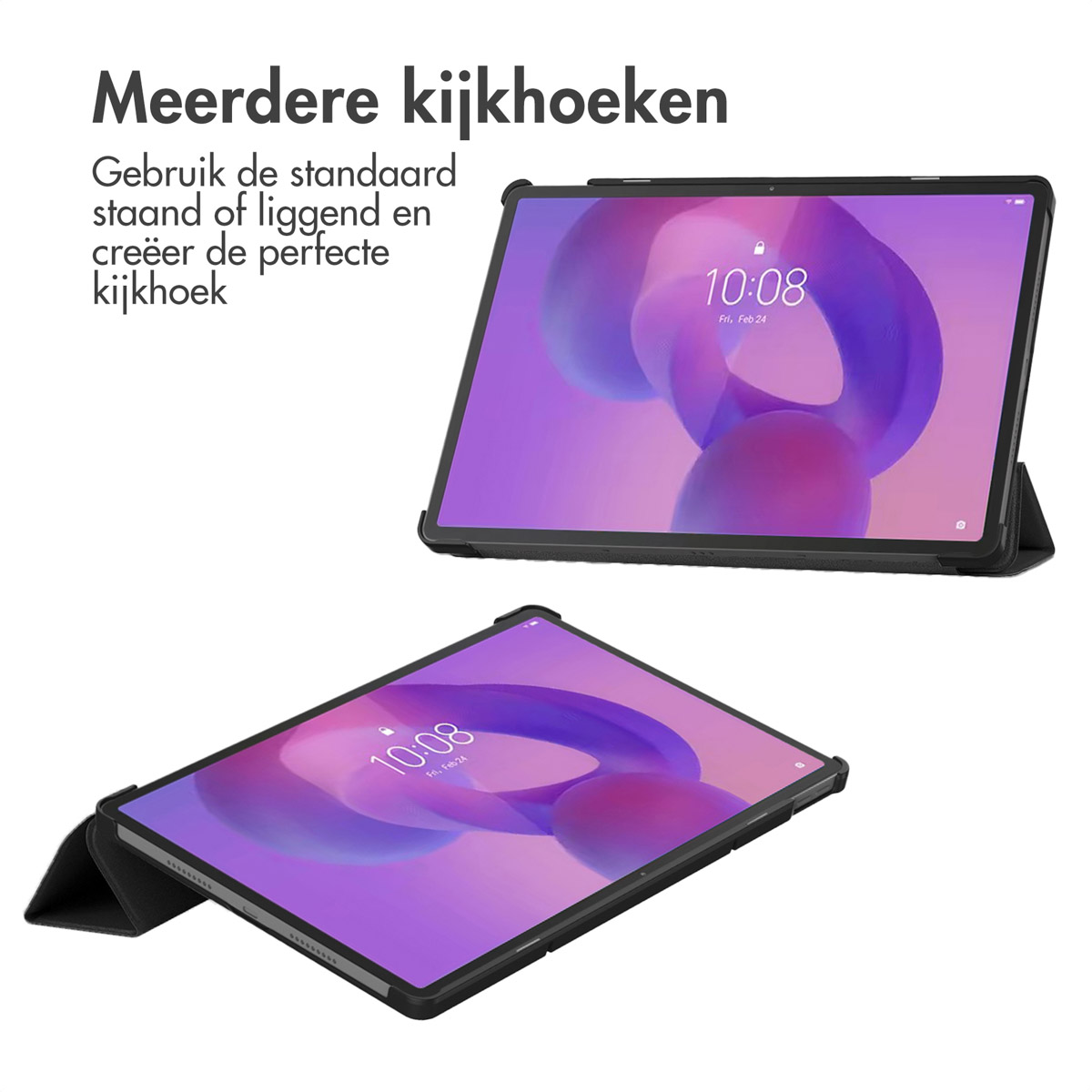 Tablets in zwarte hoesjes, één rechtop en de andere onder een hoek. Beide tonen de tijd. Witte achtergrond.