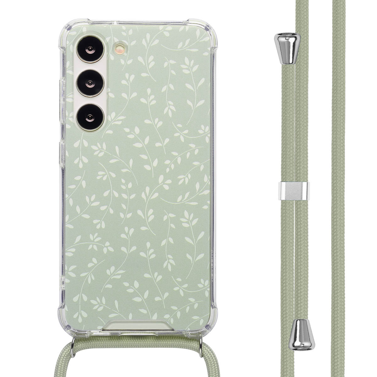 Telefoonhoesje met groen bloemmotief. De telefoon heeft drie camera's. Het heeft een groen koord.
