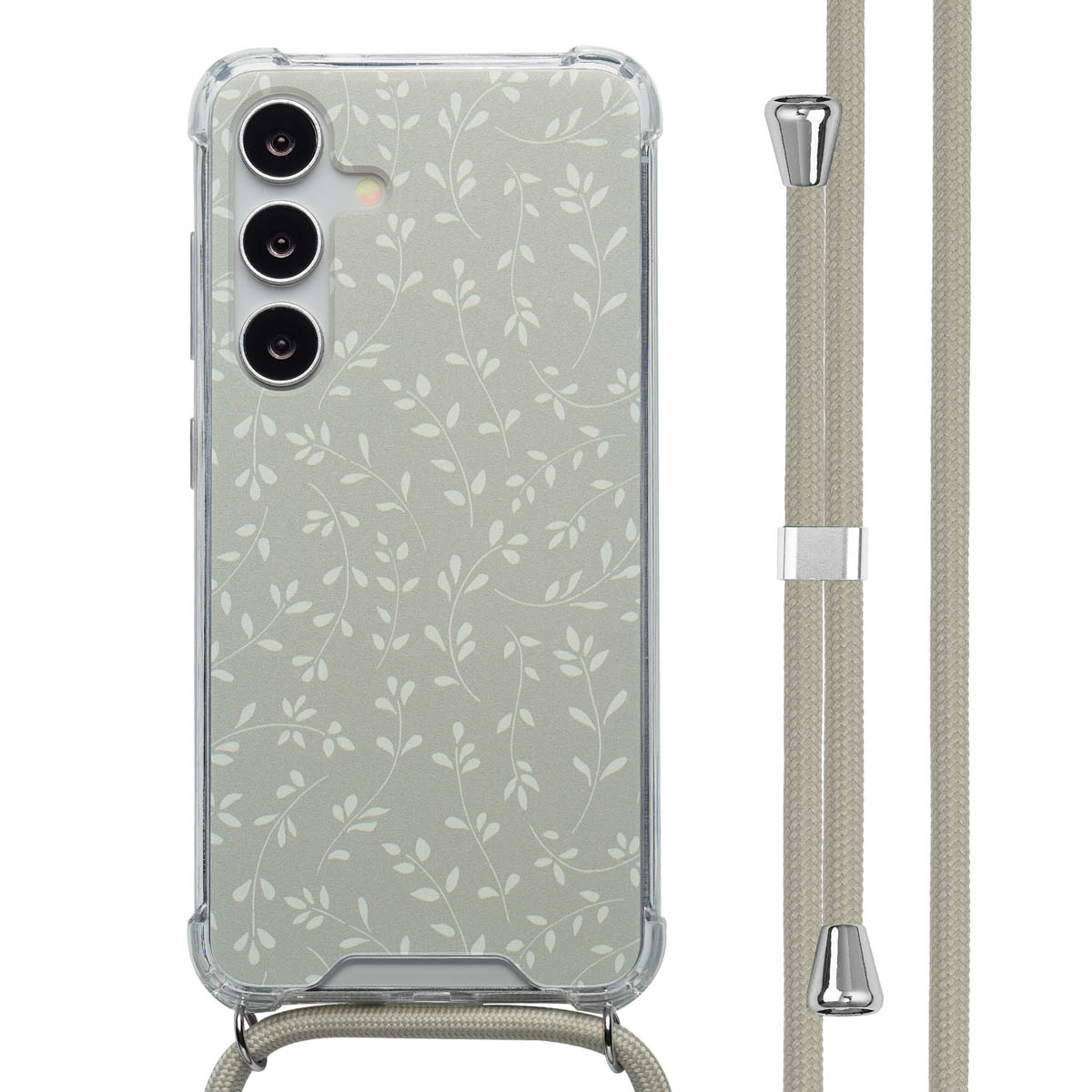 Téléphone avec coque florale. La coque a un motif floral blanc. Le téléphone a un cordon gris.