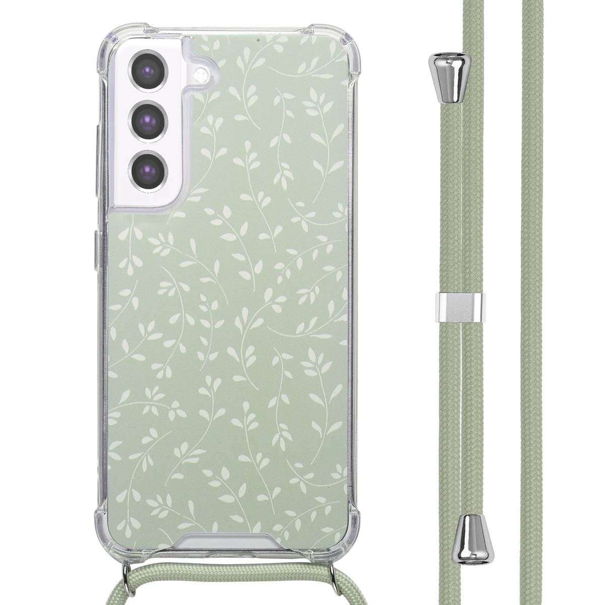 Telefoon met groen bloemenhoesje. De telefoon heeft drie camera's. Het heeft een groen koord.