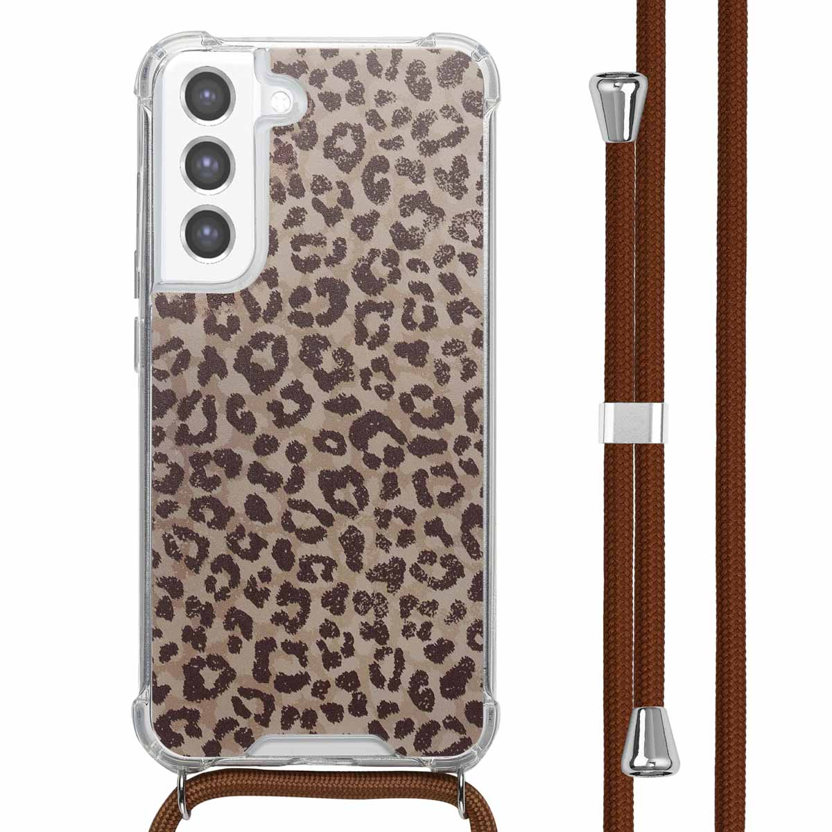 Telefoonhoesje met luipaardprint. De telefoon heeft drie camera's. Het heeft een bruin koord.