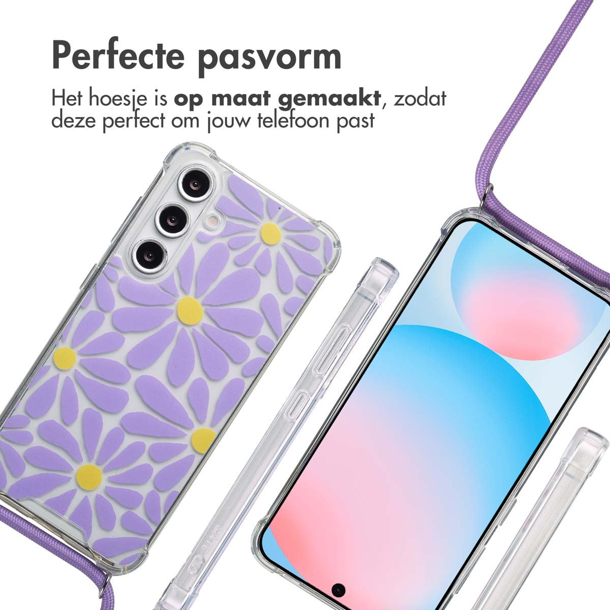 Téléphone avec coque florale. La coque a des cercles jaunes et des fleurs violettes. Le téléphone a un cordon violet.
