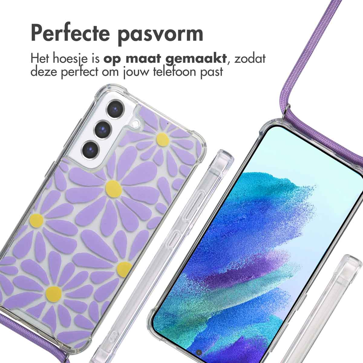 Telefoon en bloemenhoesje. De hoes heeft een paars bloemmotief. De telefoon heeft een paars koord.