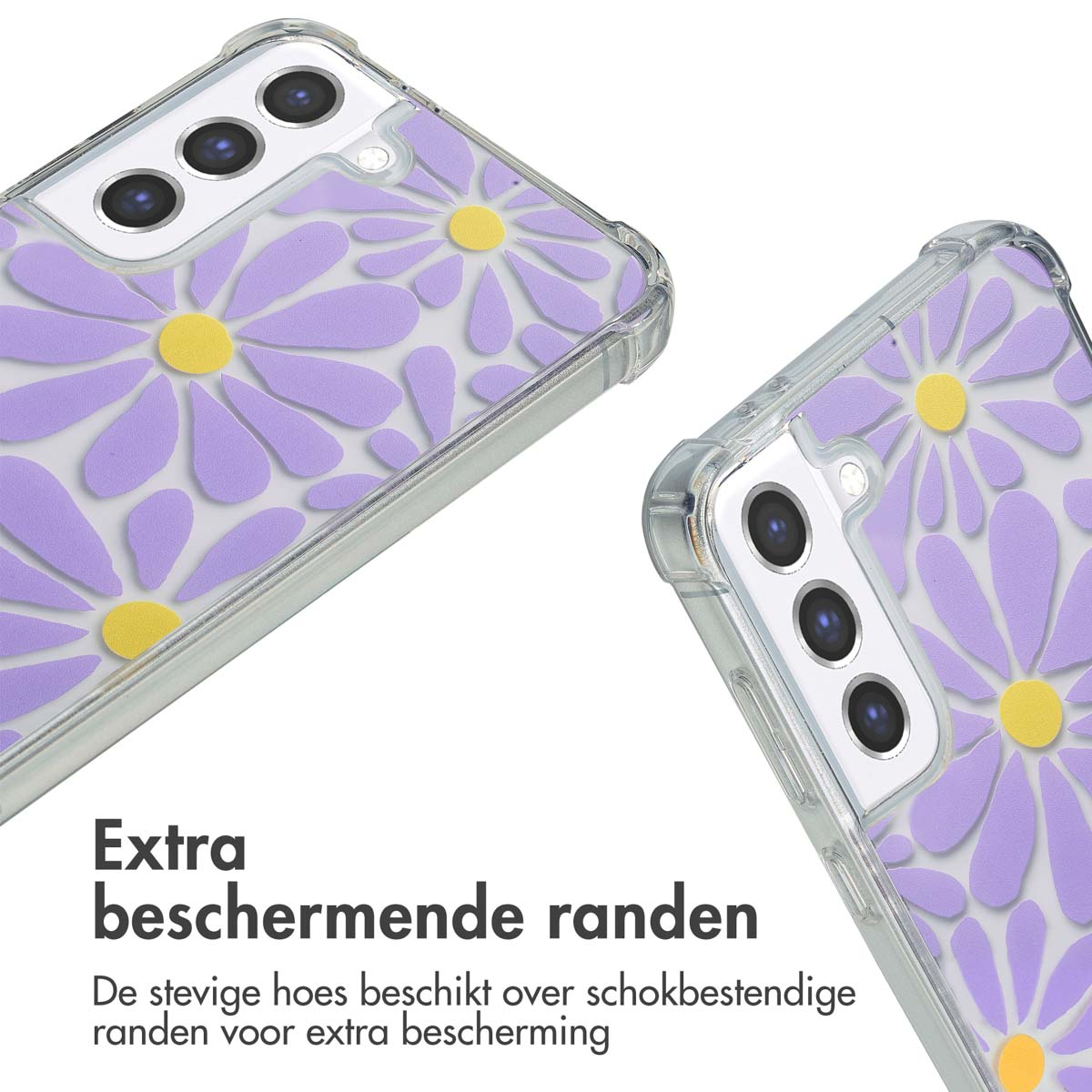 Twee telefoonhoesjes, één op een telefoon, met een madeliefjespatroon. De hoes is transparant en heeft schokbestendige randen.
