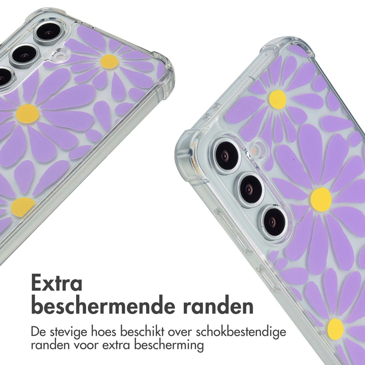 Deux coques de téléphone avec des motifs de marguerites violettes.