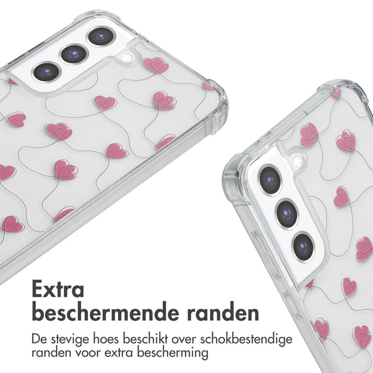 Twee telefoonhoesjes, één schuin. Transparante hoes met roze hartjespatroon. Witte achtergrond.