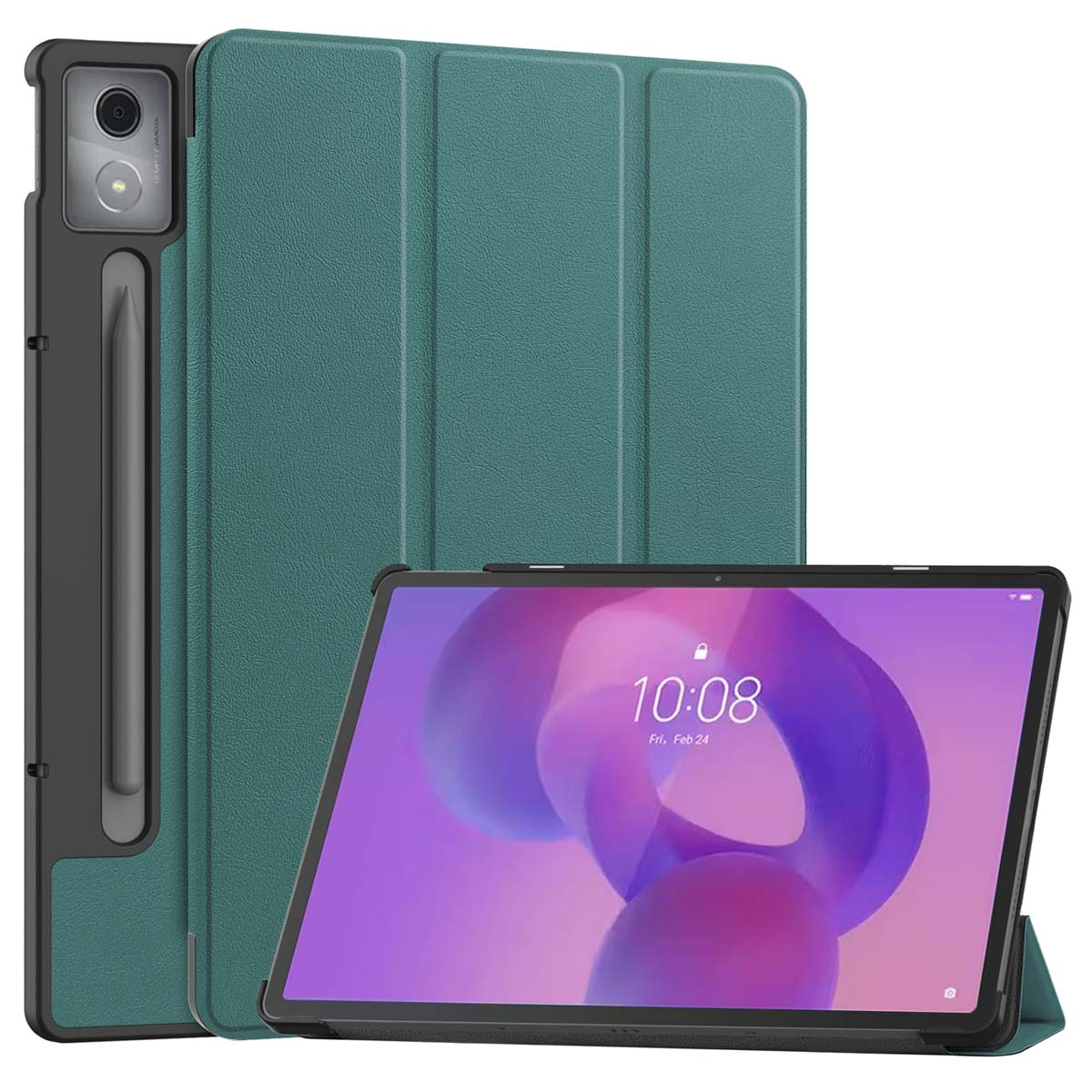 Tablet in een teal case. Het tabletscherm toont de tijd, 10:08. Stylus inbegrepen.