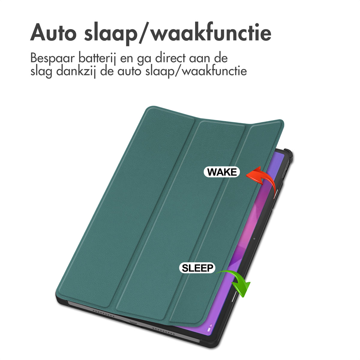 Tablethoes met wake/sleep-functie. Pijlen geven de wake- en sleepmodi aan.