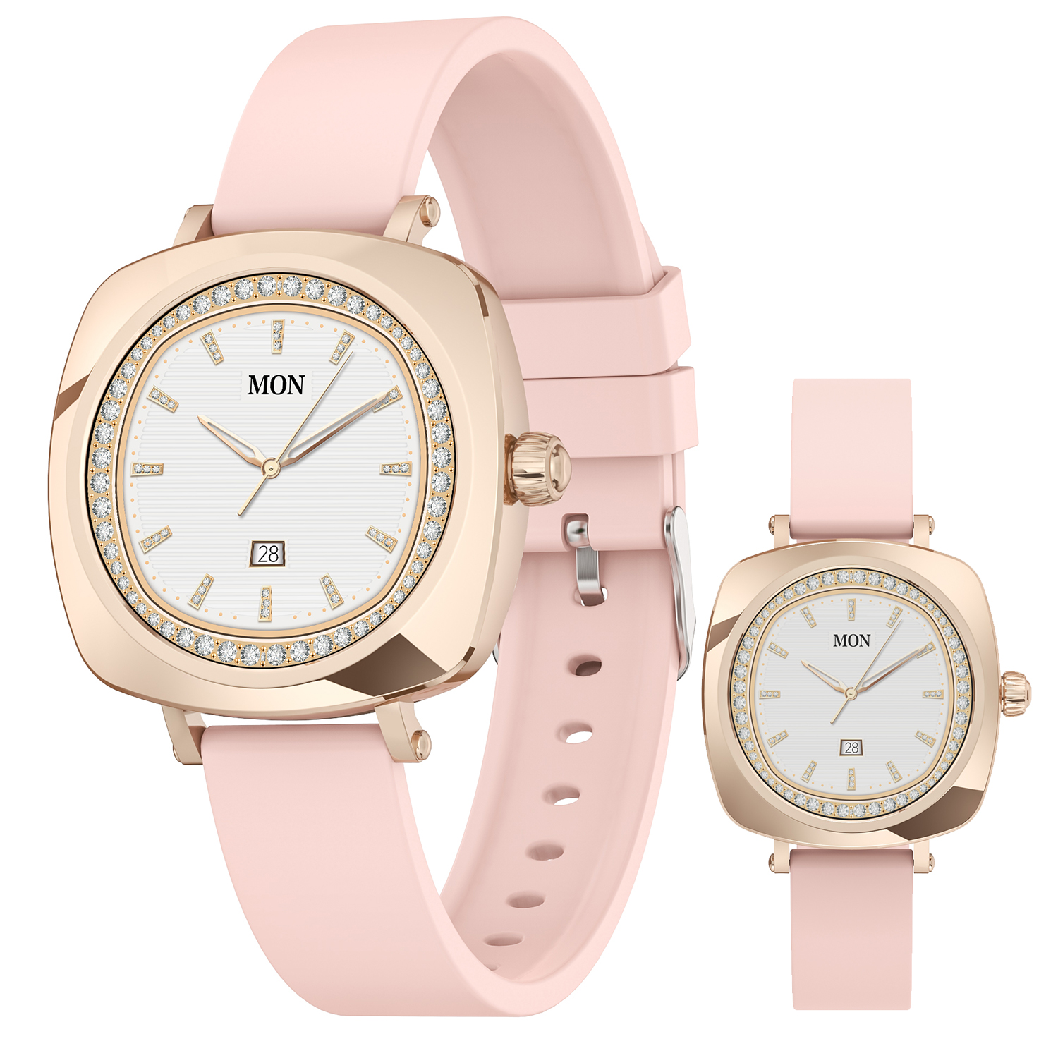 Zwei Uhren mit pinken Armbändern, eine größer, eine kleiner. Beide haben weißes Zifferblatt.