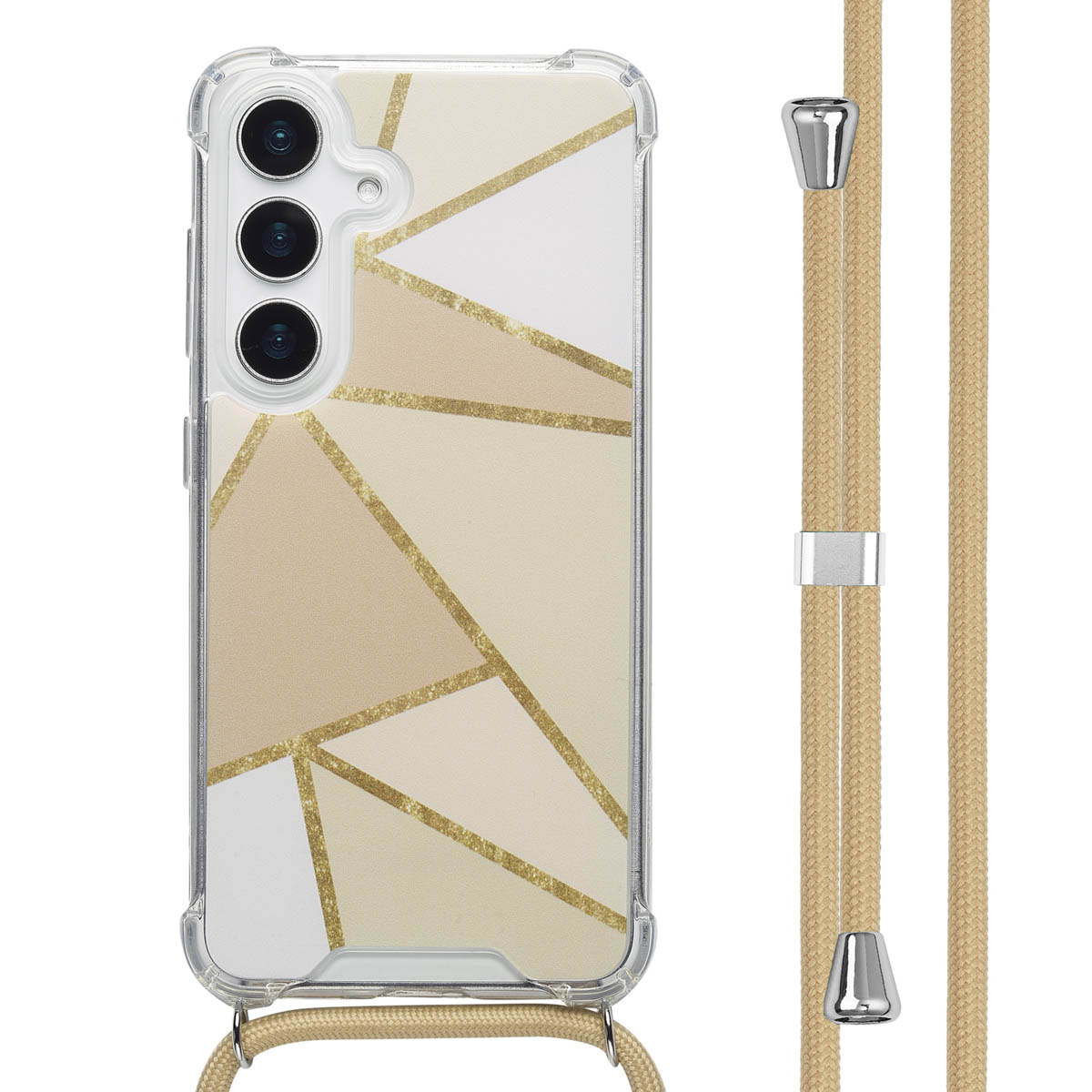 Telefoonhoesje met een geometrisch ontwerp. Gele en witte kleuren. Een geel koord.