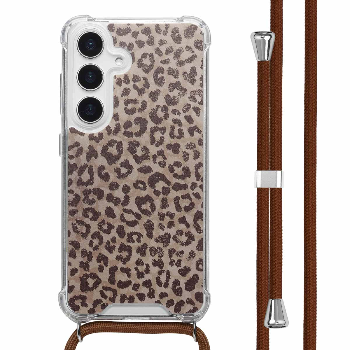 Téléphone avec une coque léopard et une lanière marron.