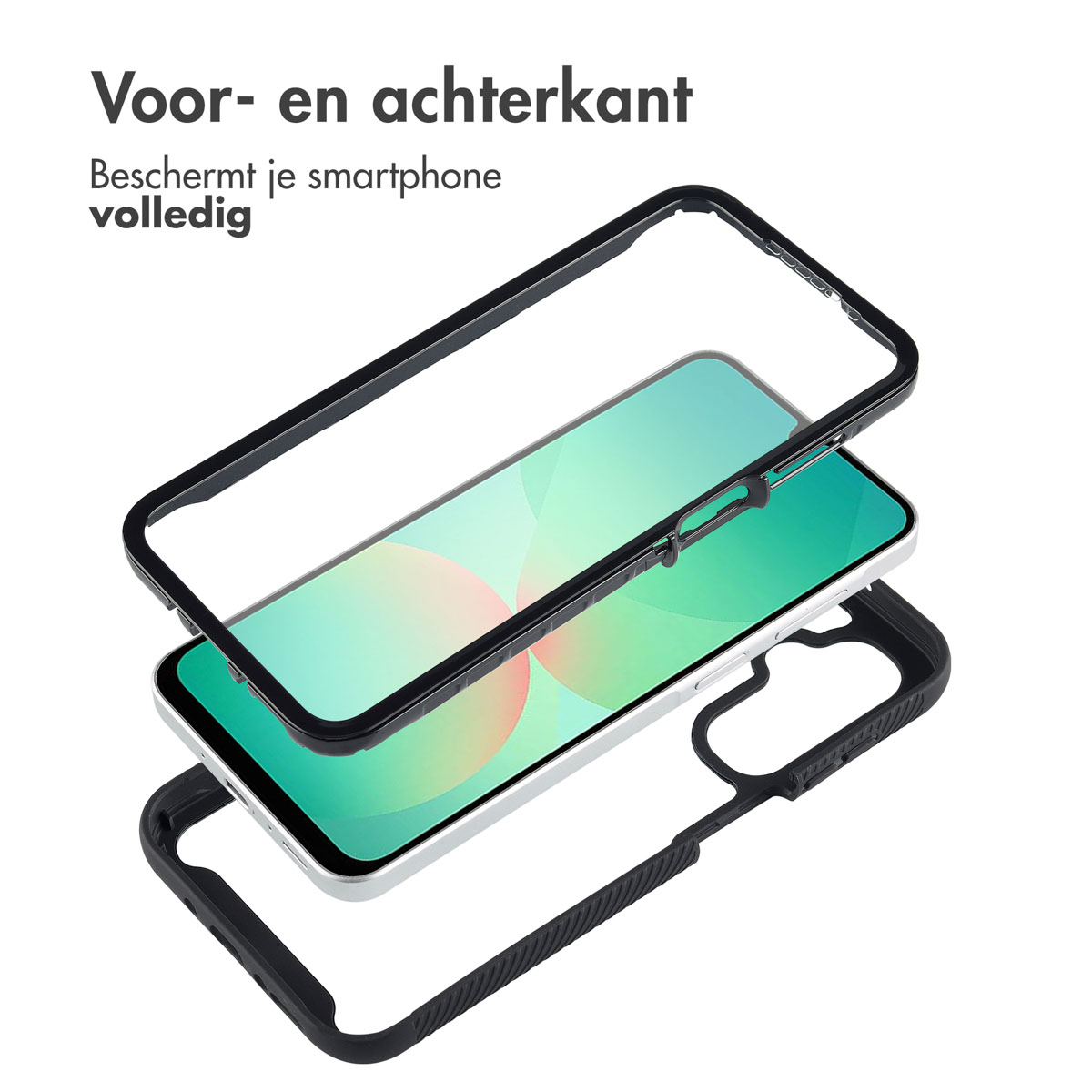 Componenti dello smartphone. Custodia trasparente, cornice nera e telefono separati.