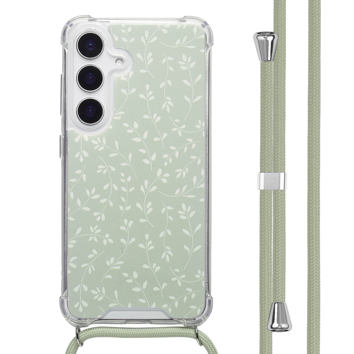 Telefoonhoesje met bloemenpatroon. Lichtgroen en wit ontwerp. Een koord.