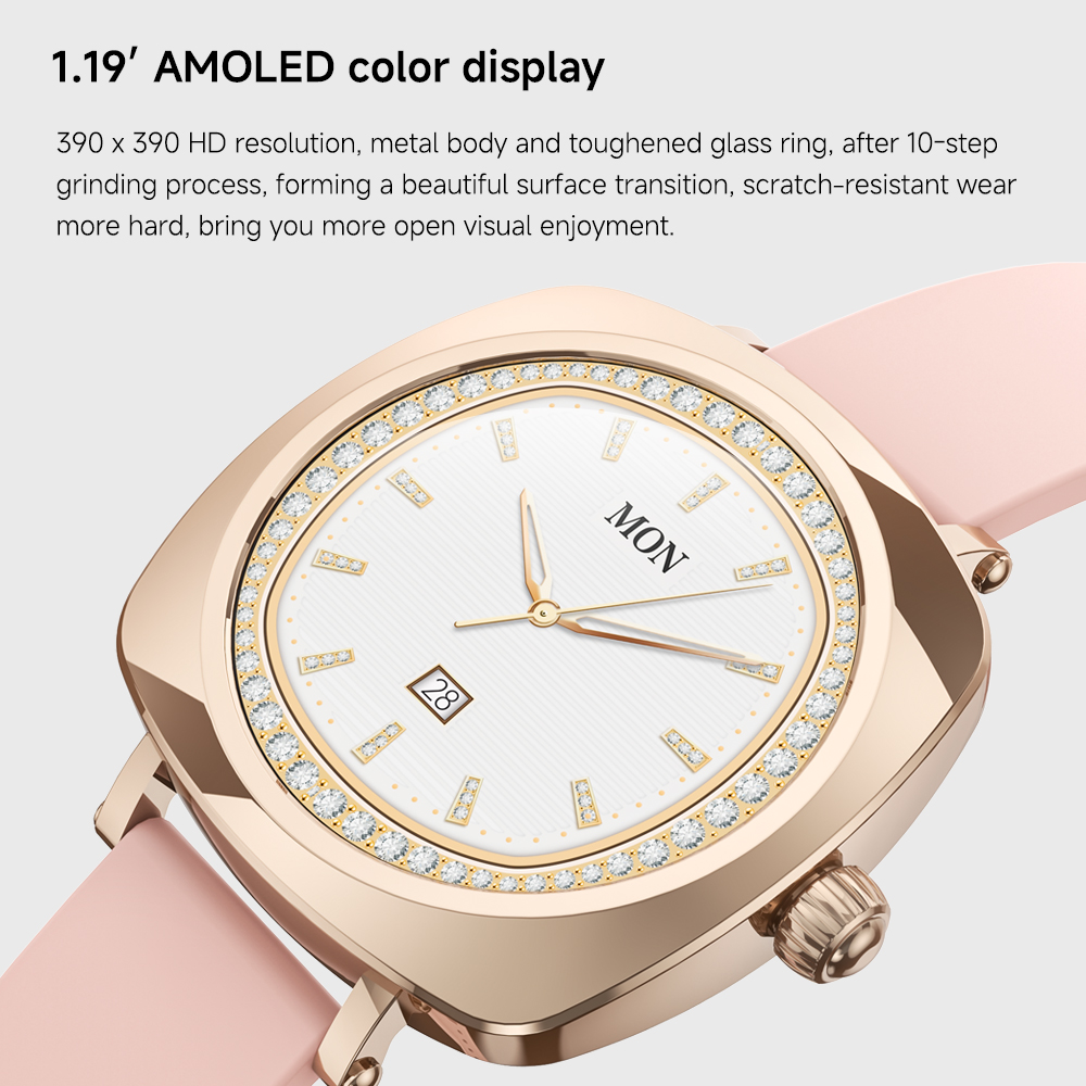 Roségoldene Uhr mit weißem Zifferblatt und rosa Armband. Diamanten um das Zifferblatt.