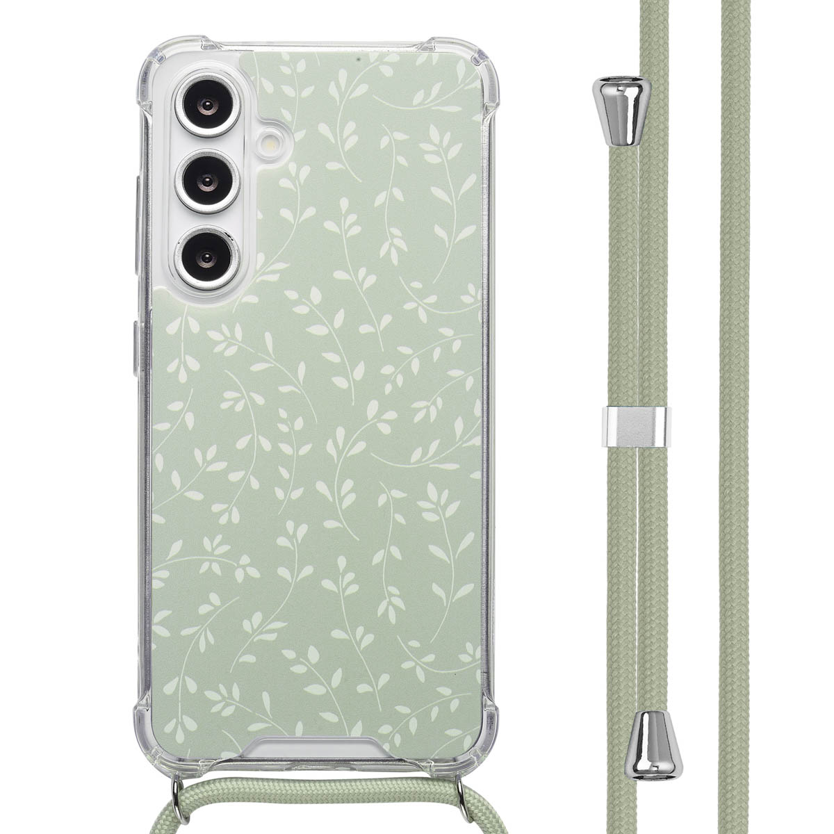 Coque de téléphone avec un motif floral, attachée à un cordon. Le cordon est vert.