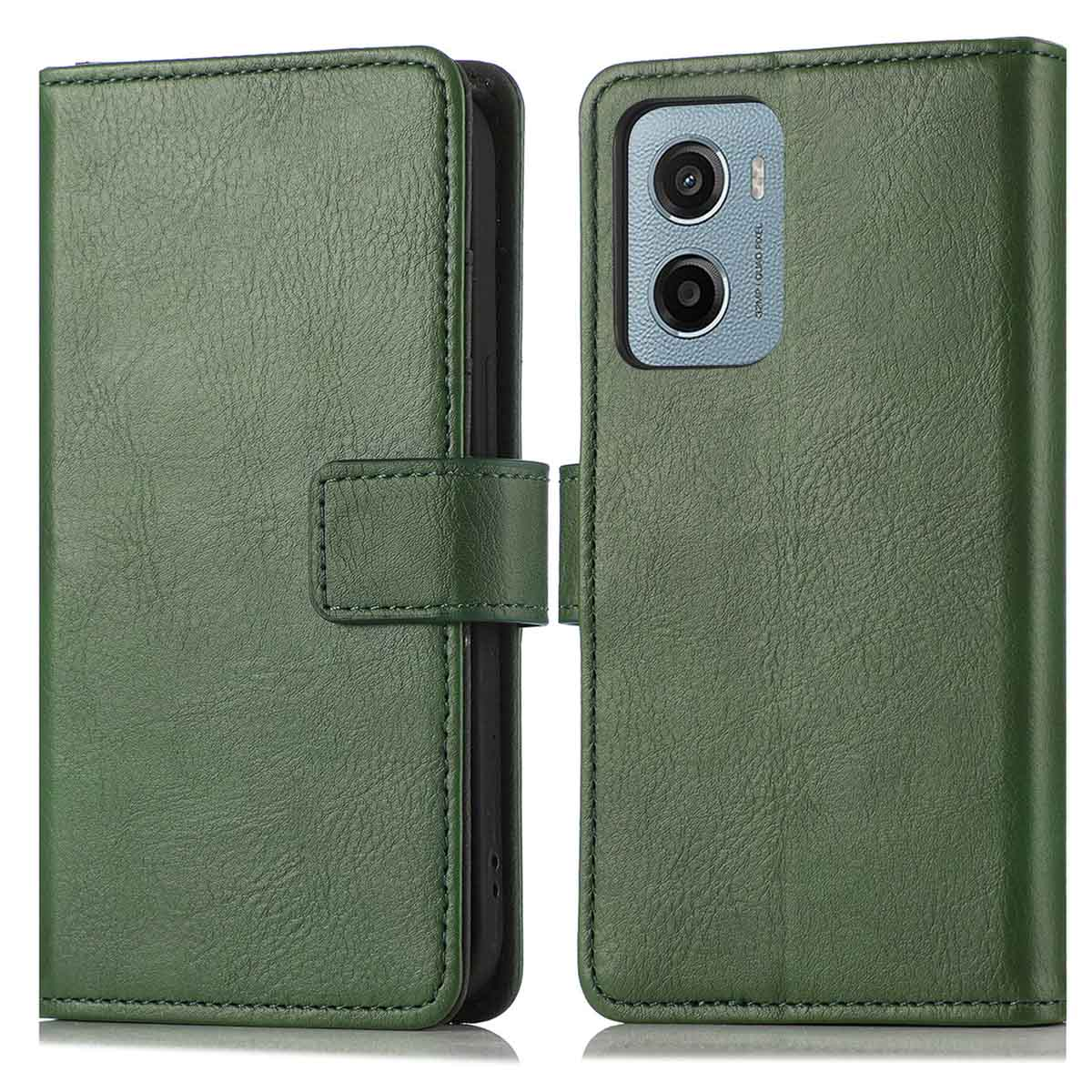 Groene leren telefoonhoes, open. Telefoon is zichtbaar. Donkergroene achtergrond.