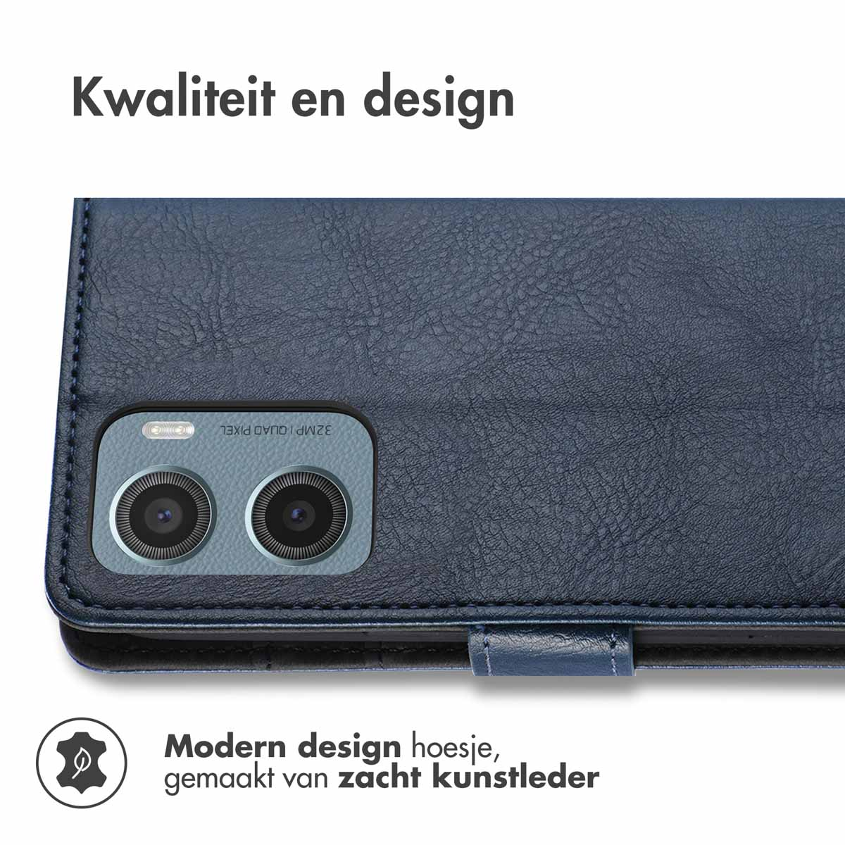 Blauwe telefoonhoes met een camera-uitsparing. Modern design, gemaakt van zacht leer.