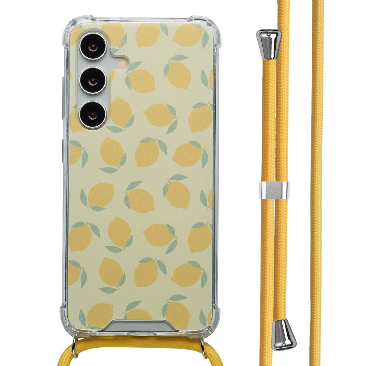 Telefoonhoesje met een citroenpatroon. Gele en groene kleuren. Geel koord.