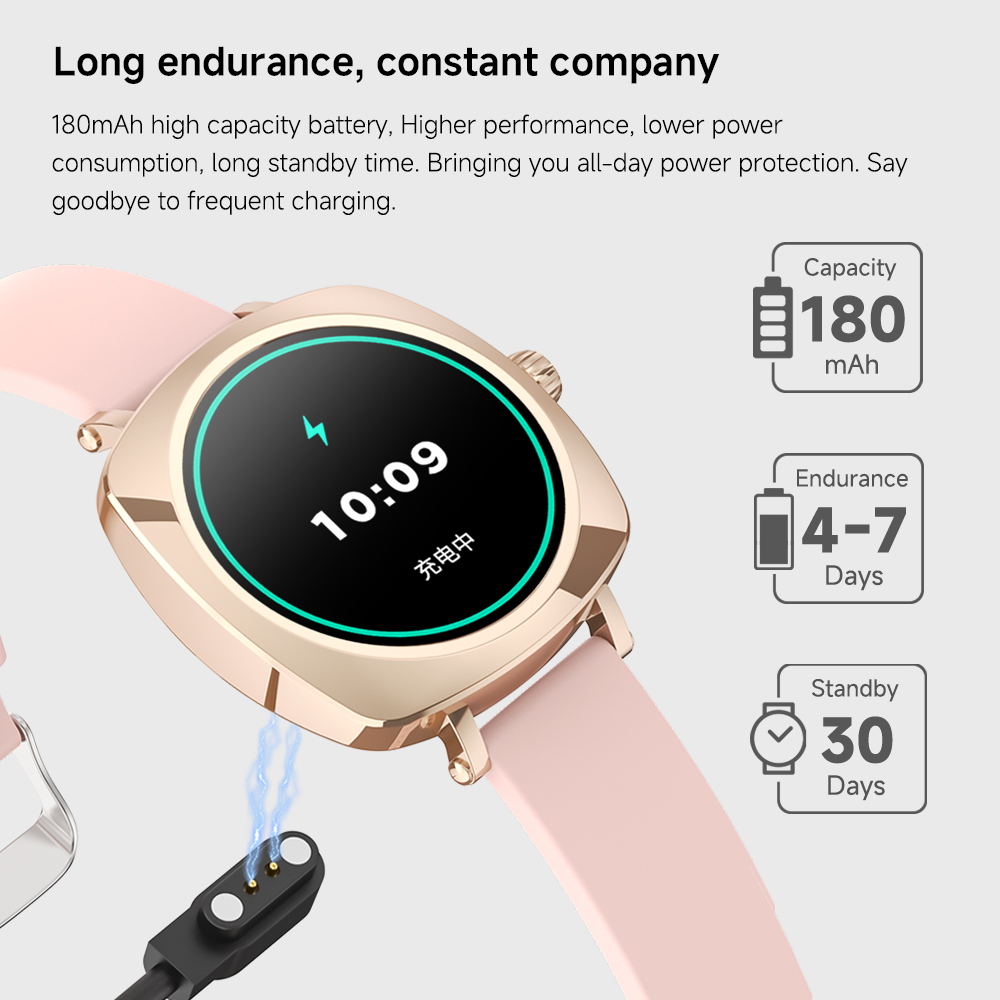 Smartwatch mit Ladekabel. Anzeige zeigt Zeit und Akkustand. Rosa Armband.