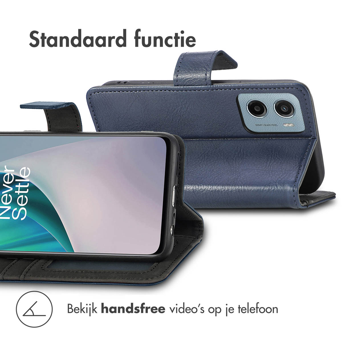Blauwe telefoonhoes, open, met een telefoon erin. Tekst en diagram zijn zichtbaar.
