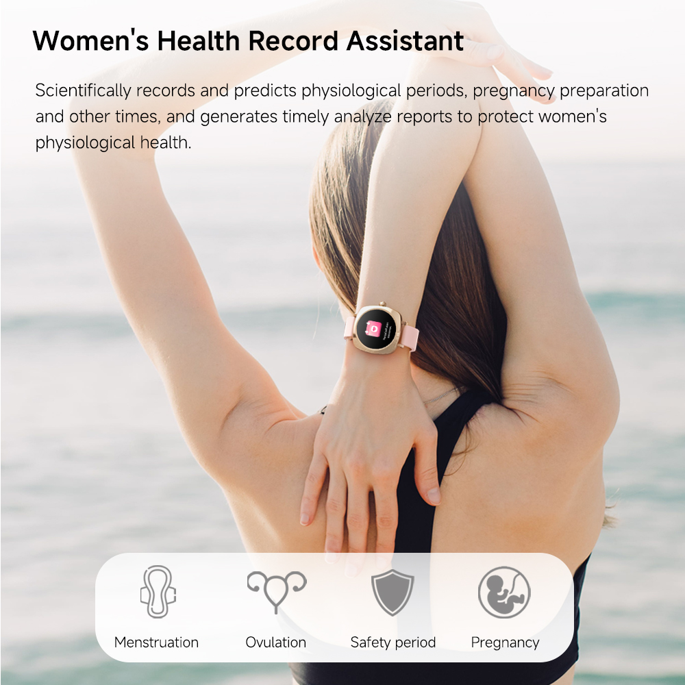 Frau mit Smartwatch, Arm gehoben. Symbole für Menstruation, Eisprung und Schwangerschaft darunter.