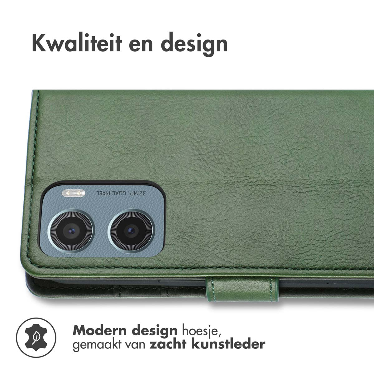 Close-up van een groene telefoonhoes. Hoes is open en toont de telefoon met twee cameralenzen.