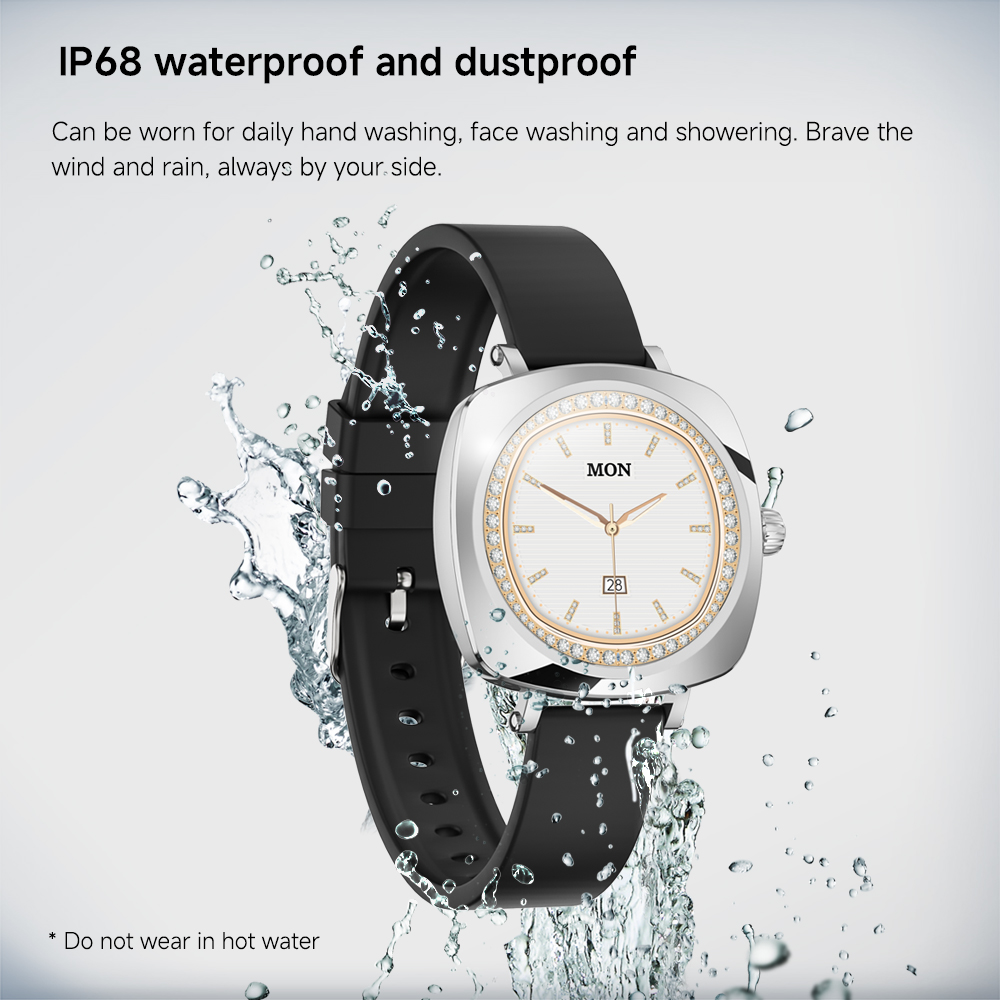 Silberne Uhr mit schwarzem Band, Wasserspritzer. Uhr hat weißes Zifferblatt und goldene Akzente. Wasser- und staubdicht.