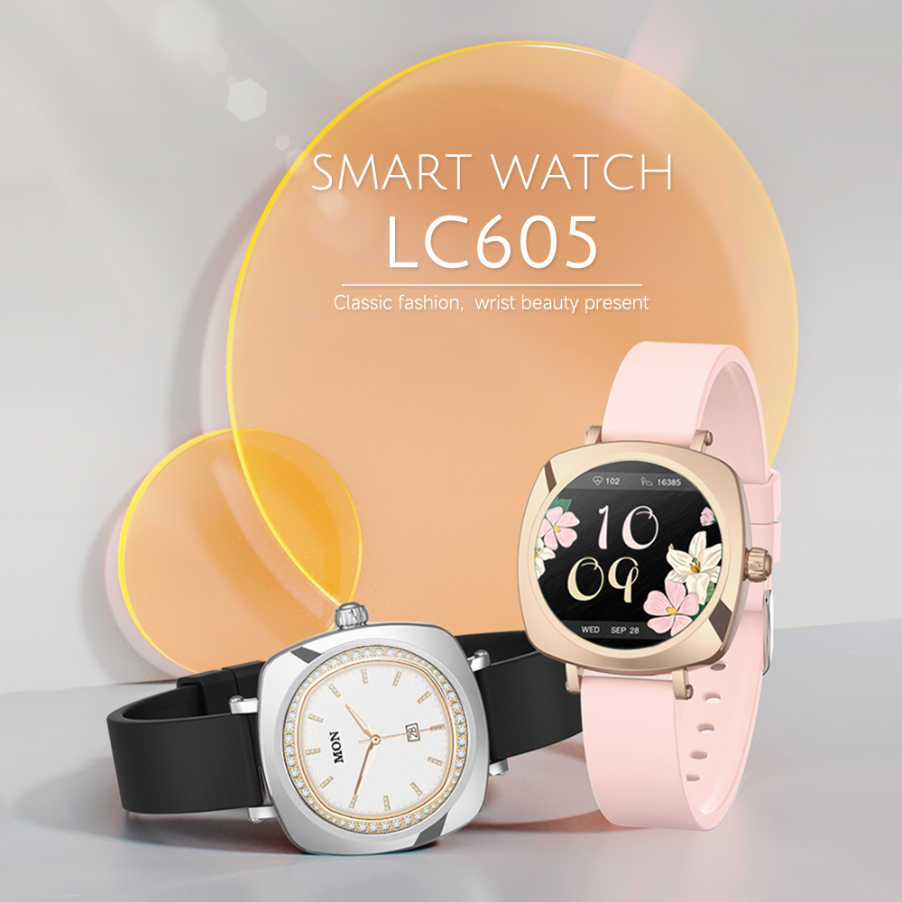 Smartwatches, eines silber, eines rosa, beide quadratisch. Hintergrund ist gelb und grau. Zeigt Uhrzeit und Datum.