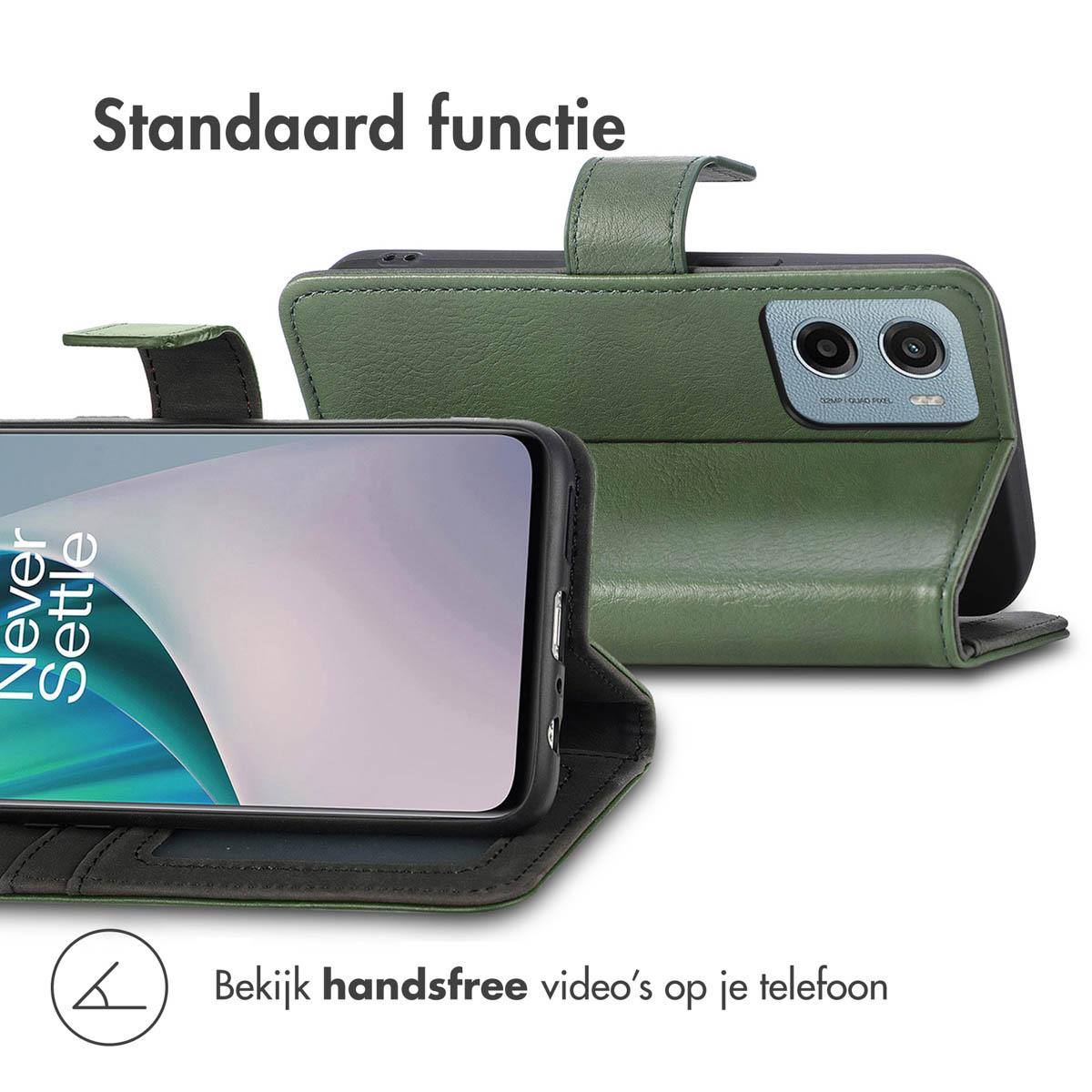 Groene telefoonhoes, open en laat telefoon zien. Telefoon is zwart, hoesje is groen. Achtergrond is wit.