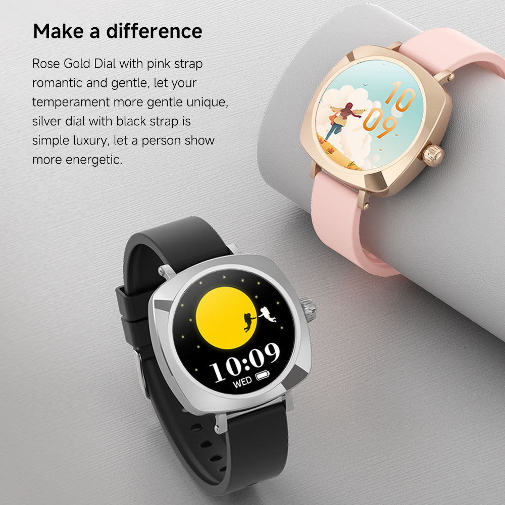 Smartwatches, eine mit schwarzem Armband, eine mit pinkfarbenem. Beide quadratisch mit unterschiedlichen Gesichtern. Grauer Hintergrund.