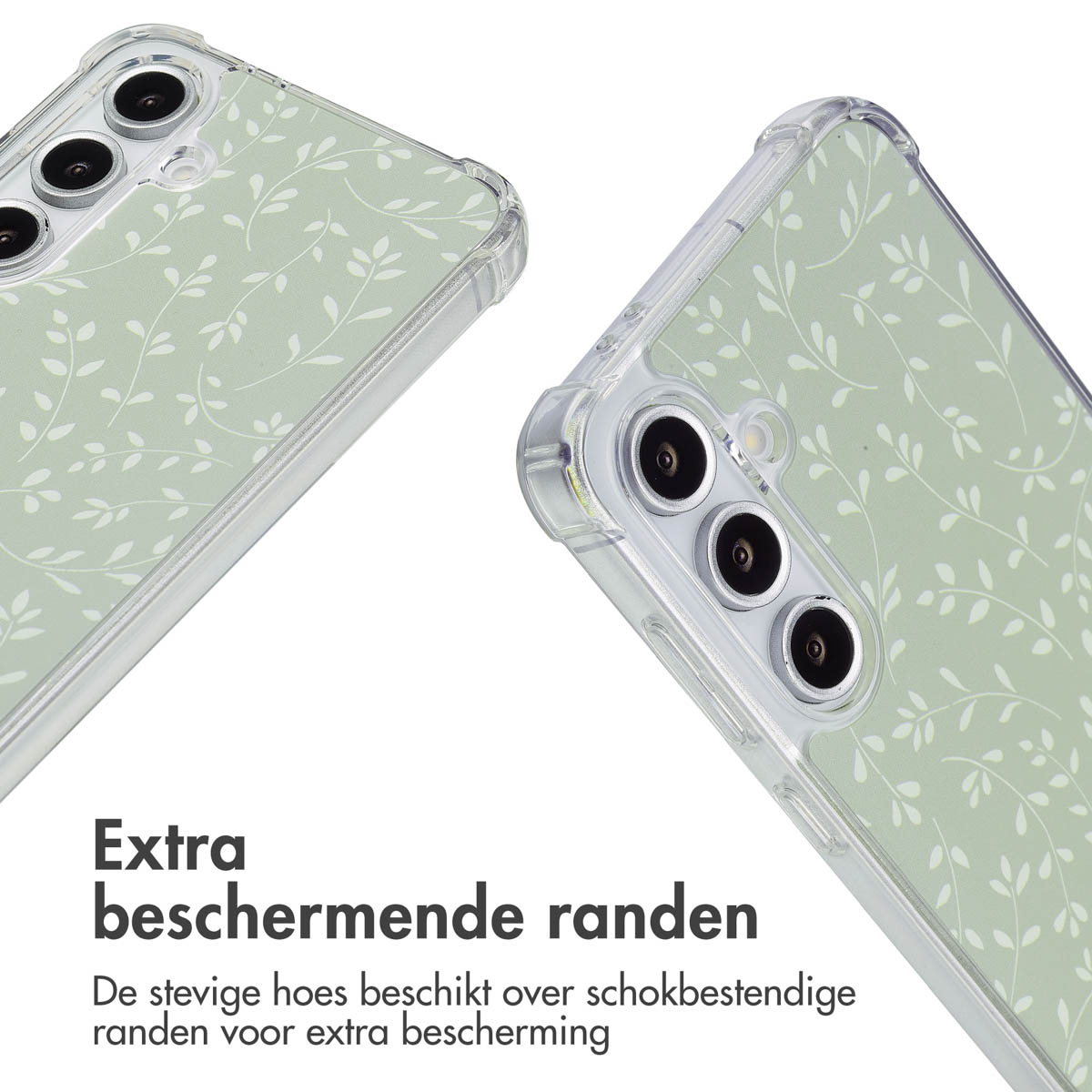 Gros plan sur des coques de téléphone avec un motif de feuilles. Coque transparente avec des feuilles vertes. Le fond est flou.