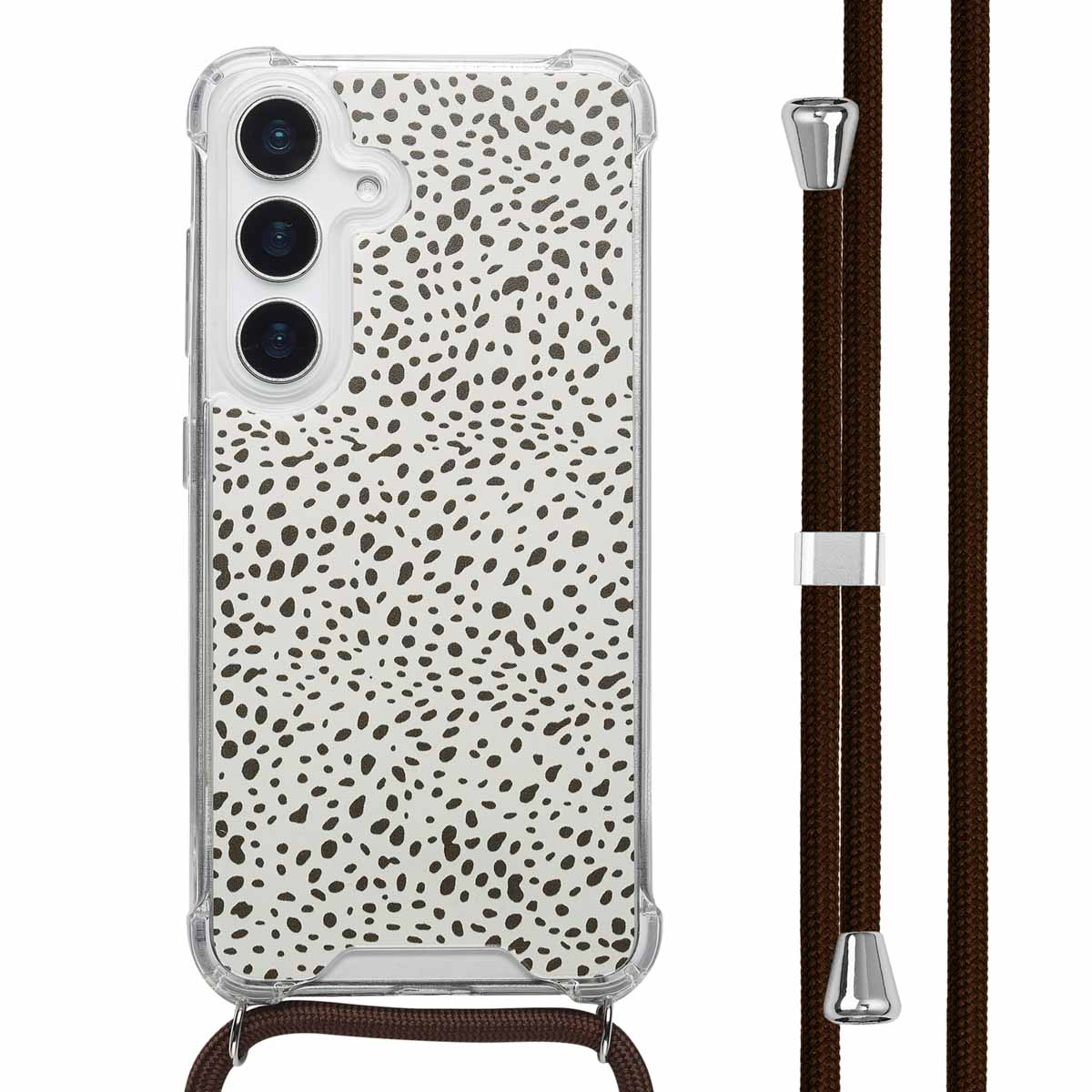 Een telefoon in een doorzichtige hoes met een bruin stippenmotief en een bruine riem.