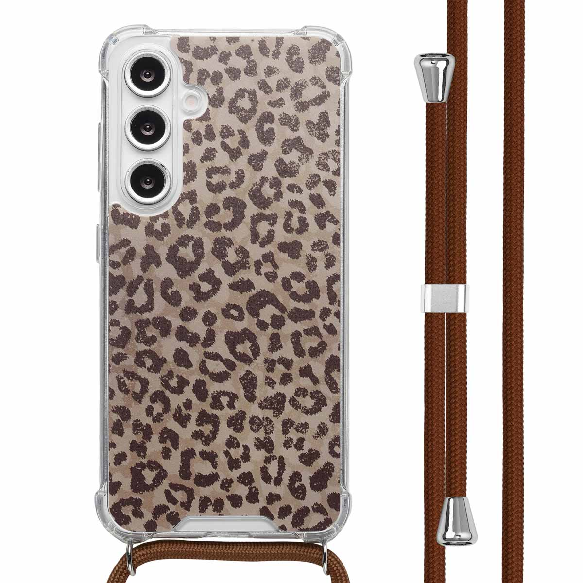Un téléphone dans un étui transparent qui montre un motif léopard et une lanière marron.