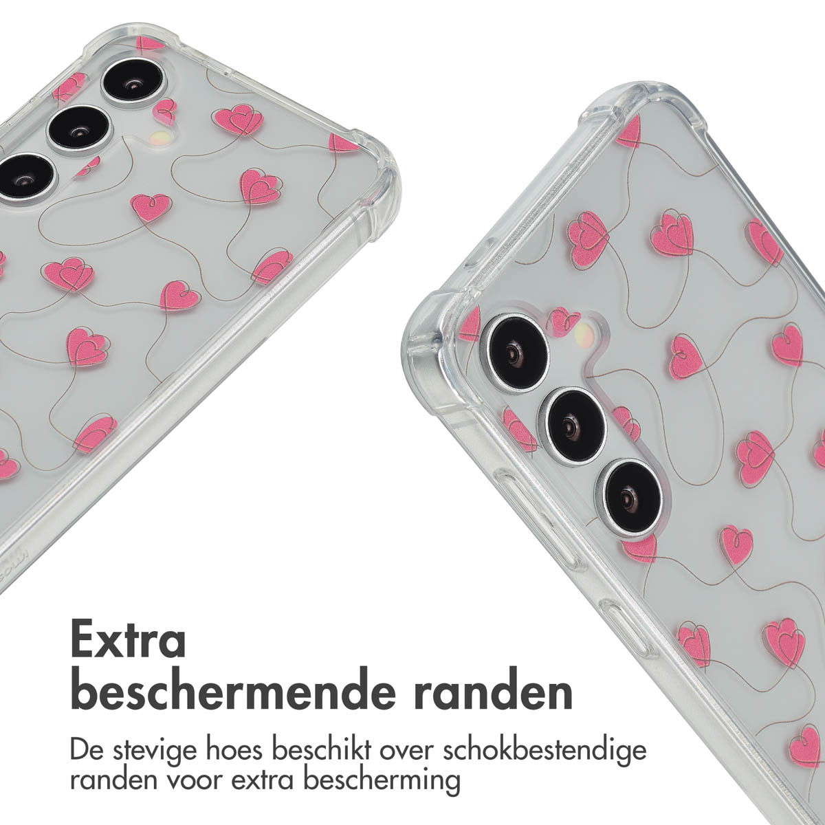 Deux coques de téléphone transparentes, décorées de coeurs roses, sont affichées en angle sur fond blanc.