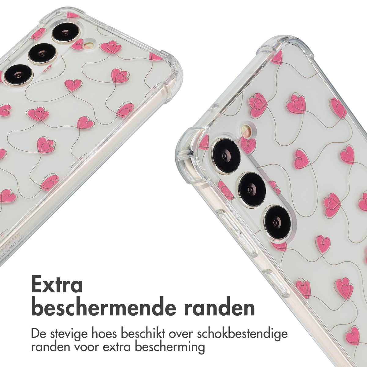 Twee transparante telefoonhoesjes, versierd met roze hartjes, worden in een hoek getoond tegen een witte achtergrond.