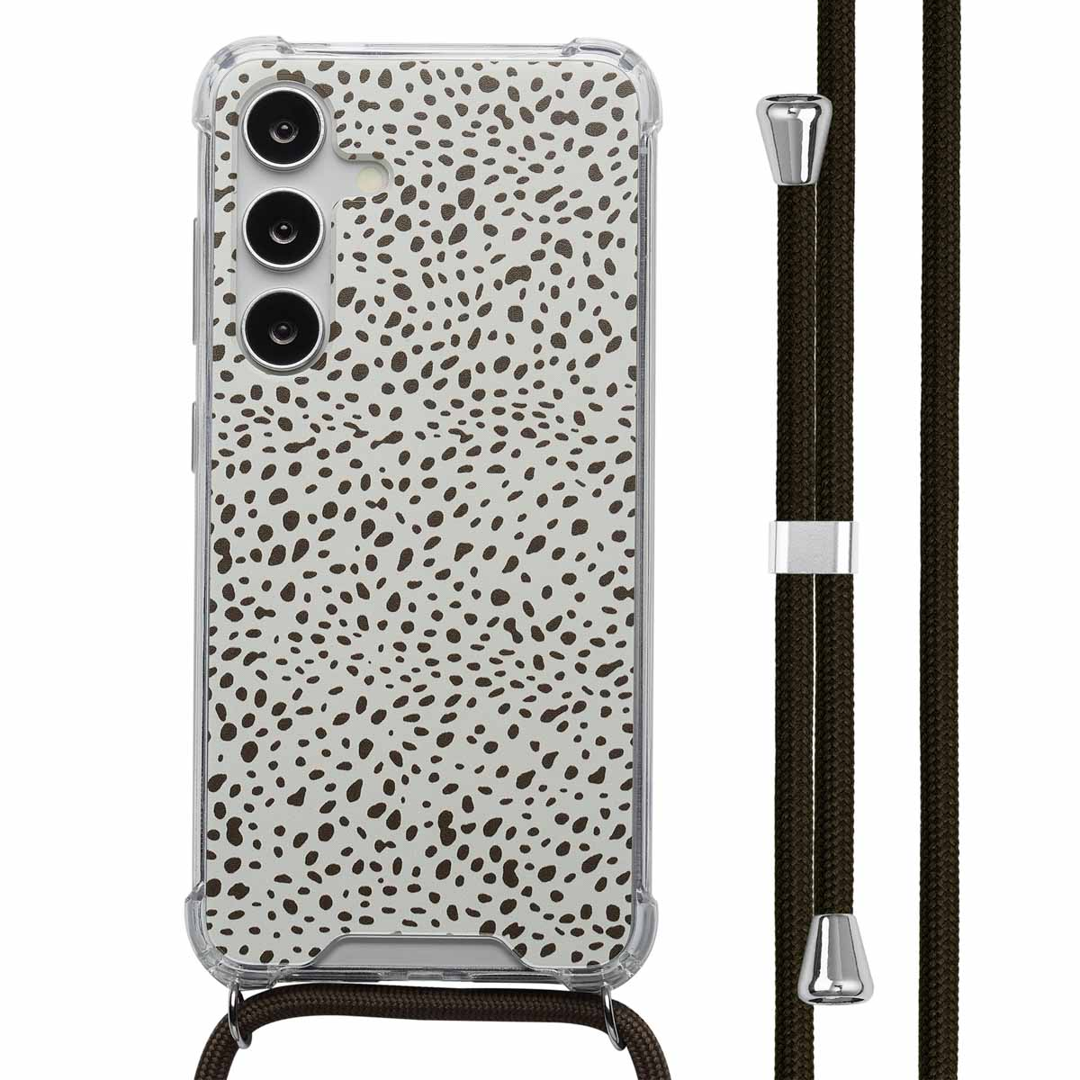Un téléphone avec une coque à imprimé dalmatien et un cordon marron qui pend de la coque.