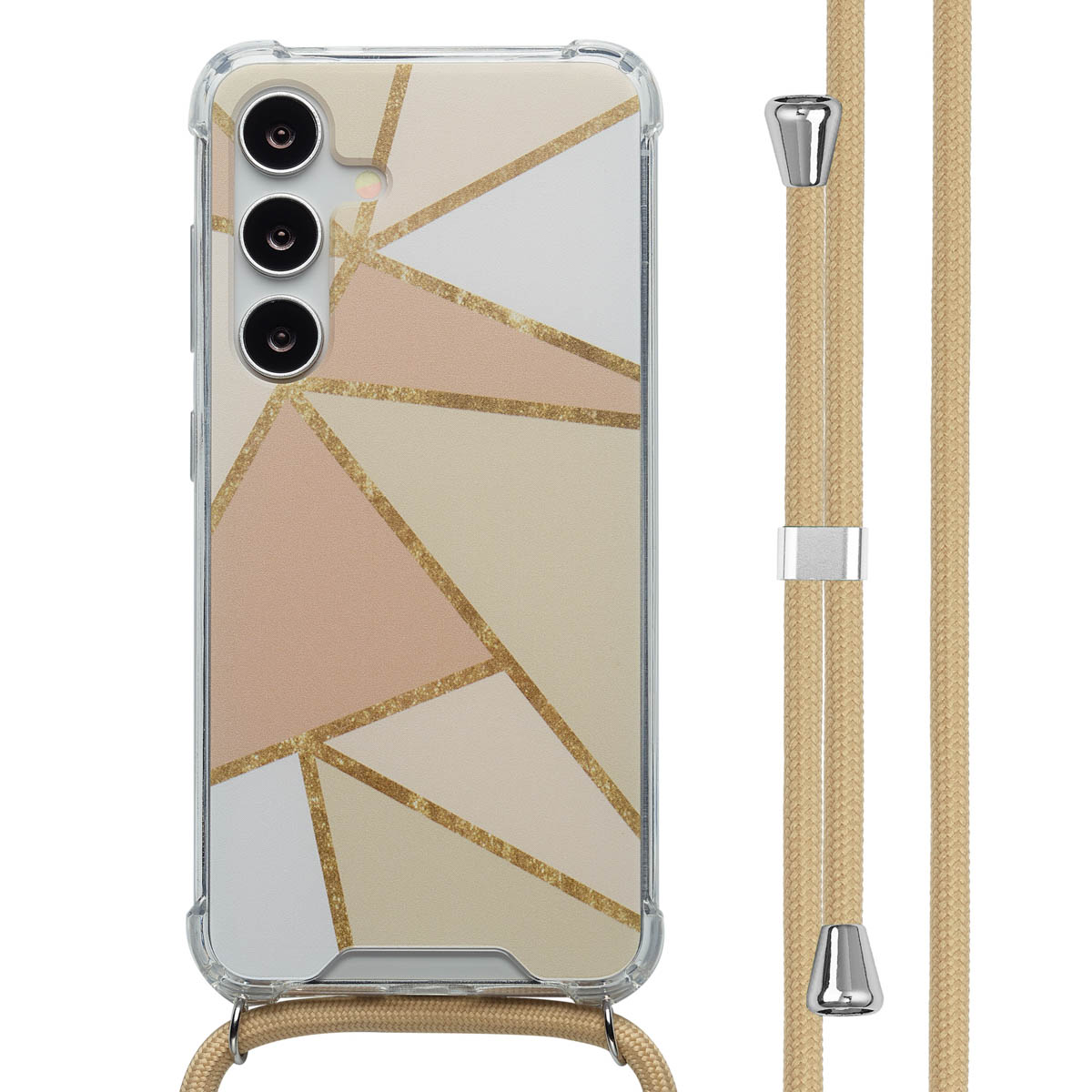 Un téléphone avec une coque à motif géométrique est sur un cordon. La coque a des lignes dorées et des triangles roses et beiges.