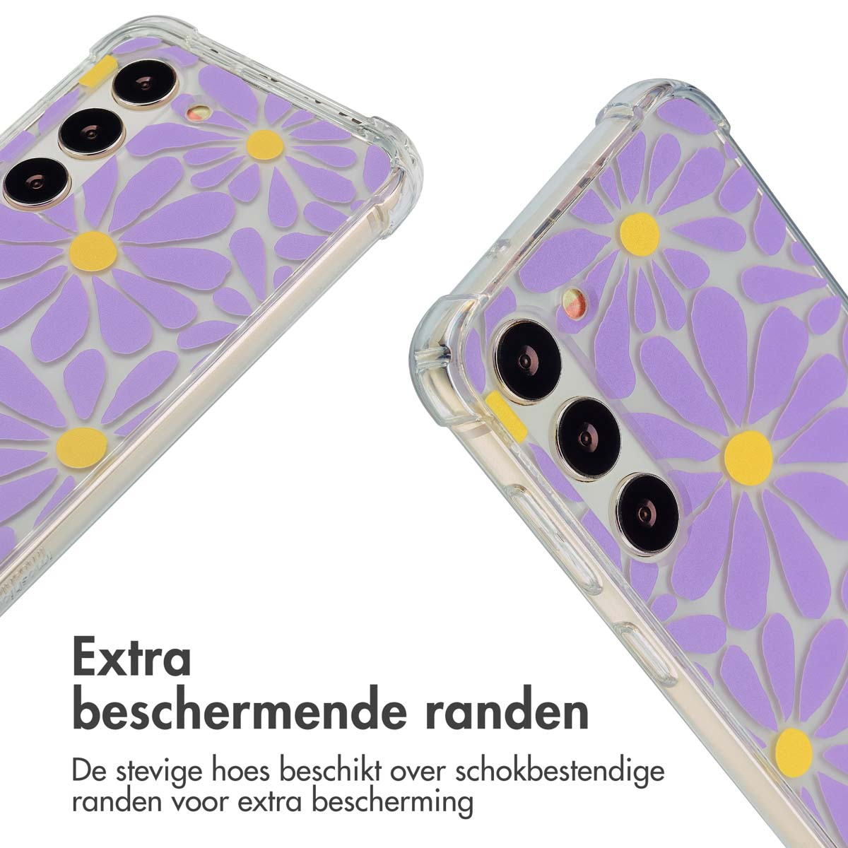 Close-up van twee telefoons met paarse madeliefjeshoesjes. Tekst: Extra beschermende randen.