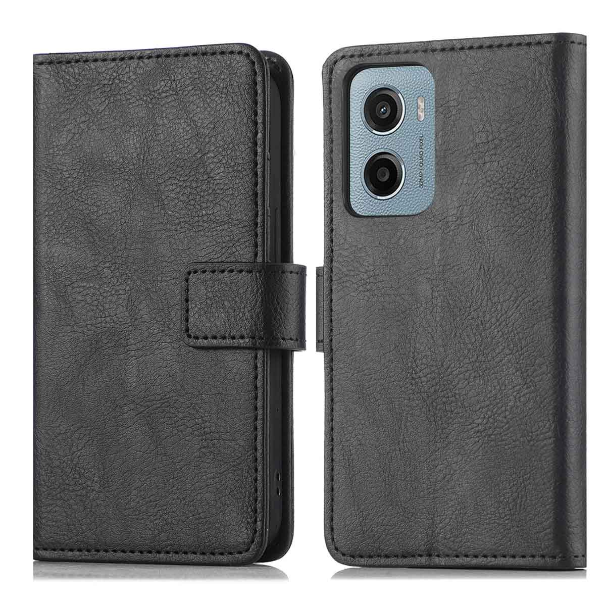Zwarte leren telefoonhoes, gesloten en open, met camera en zichtbaar scherm.
