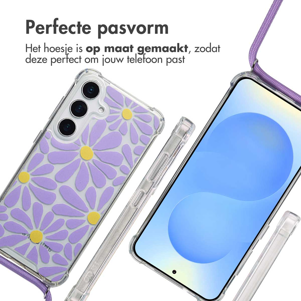 Telefoonhoesjes. Paarse madeliefjes hoesje en telefoon met transparante hoes en paars koord.