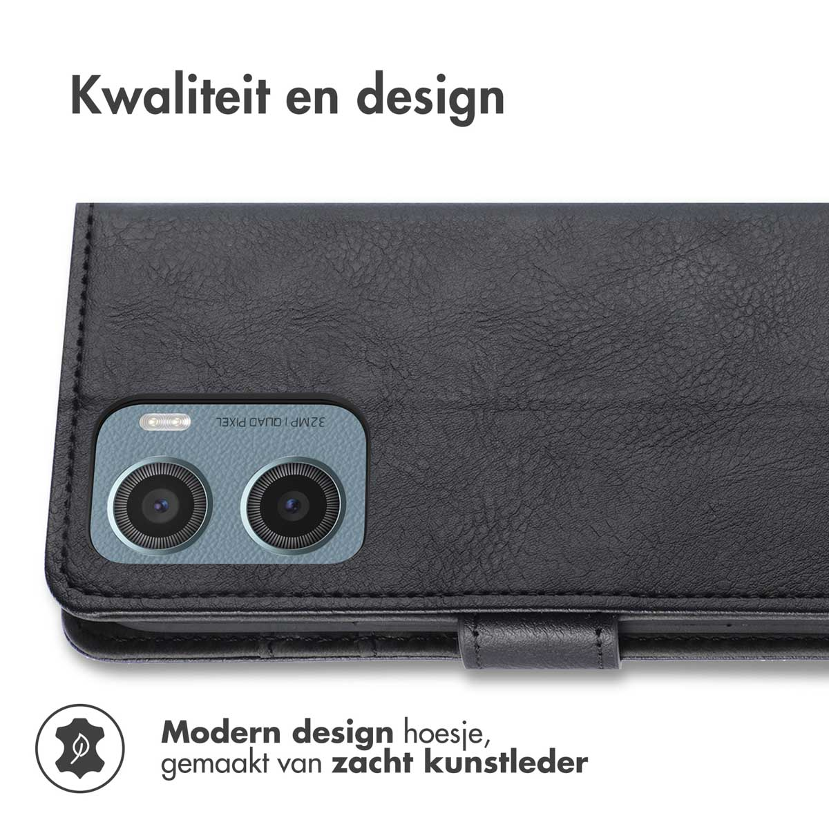 Een zwarte leren telefoonhoes. De achterkant heeft twee cameralenzen. Tekst: Kwaliteit en design.