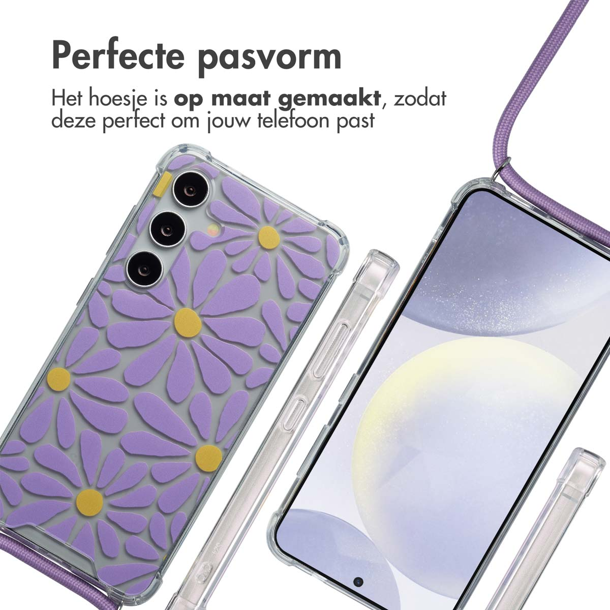 Coques de téléphone. Coque de marguerite violette et téléphone avec coque transparente et cordon violet.