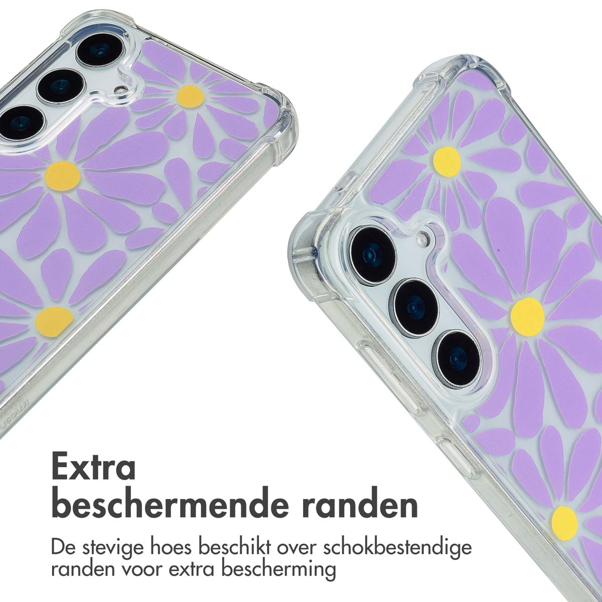 Close-up van twee telefoons met paarse madeliefjeshoesjes. Tekst: Extra beschermende randen.