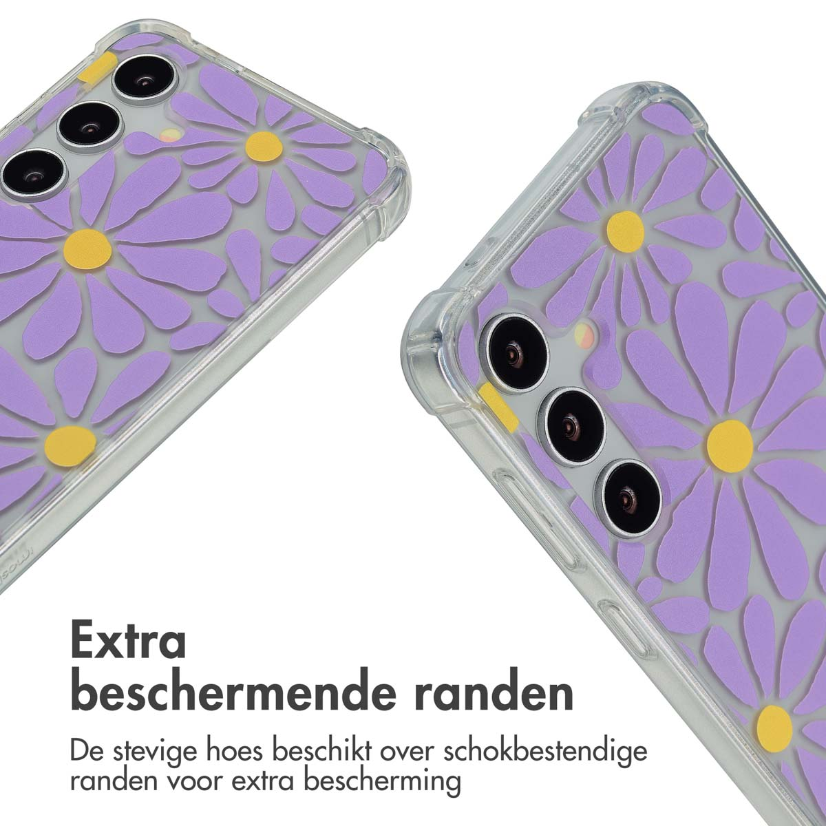 Gros plan sur deux coques de téléphone à marguerites violettes. Coques transparentes avec trois objectifs.