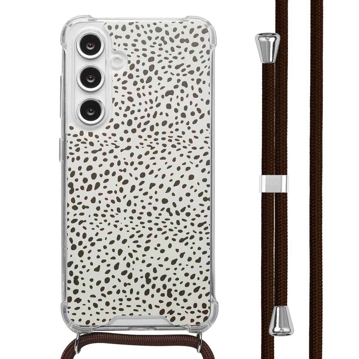 Coque transparente avec imprimé dalmatien et lanière de téléphone marron.